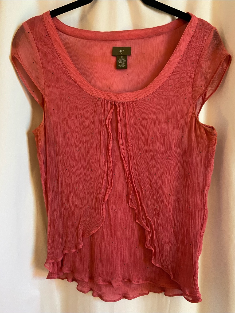 Anthropologie Silk Coral Pink Ruffled Short Sleeve Blouse